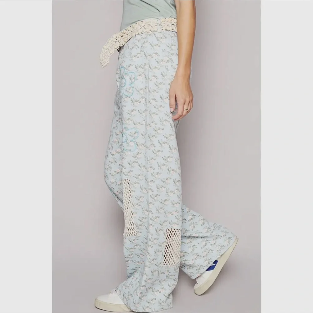 POL Light Blue Crochet Accent Wide-Leg Pants